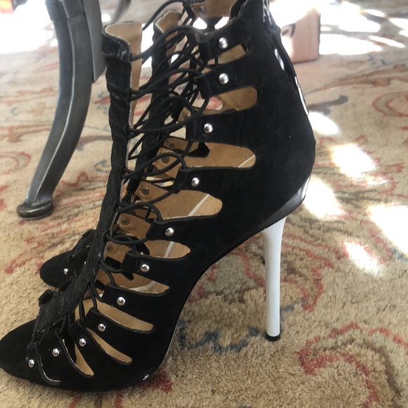 NWOT L.A.M.B. By Gwen Stefani black suede w elastic cords open toe pump sandal - Picture 3 of 12